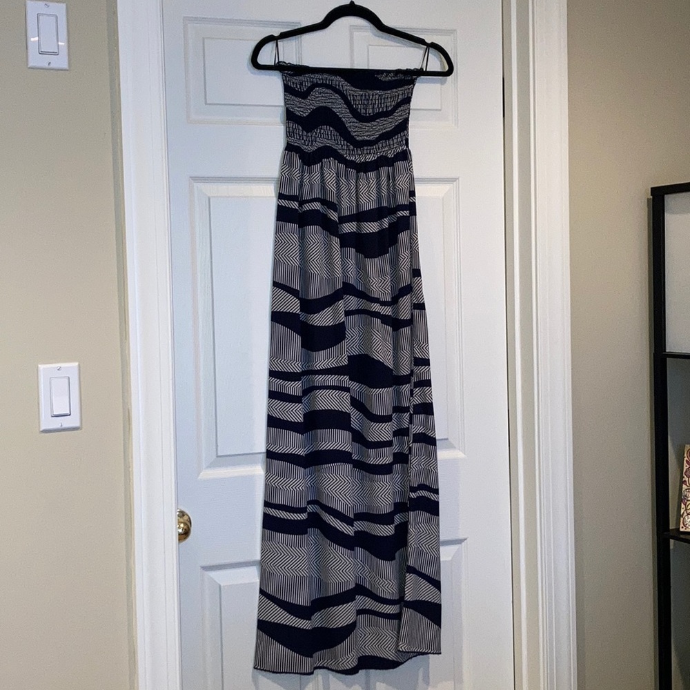 Aqua Blue and white strapless maxi sundress